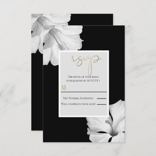 Invitation Hibiscus blanc Noir Mariage tropical Réponse RSVP (Devant / Derrière)