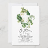Invitation Hibiscus blanc tropical et baptême botanique crois (Devant)