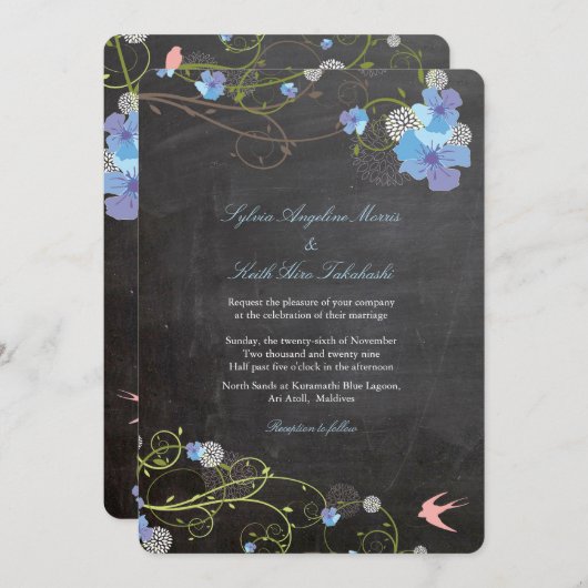 Invitation Hibiscus bleu et hirondelles Mariage de tableau de (Devant / Derrière)