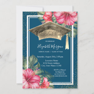 Invitation Hibiscus,Casquette de remise de diplômes Bleu Fête