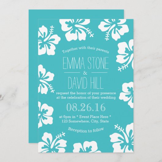 Invitation Hibiscus Classé Fleurs Mariage Turquoise (Devant / Derrière)