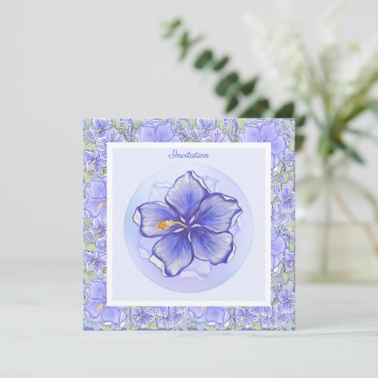 Invitation Hibiscus & dentelle BLEU (Debout devant)