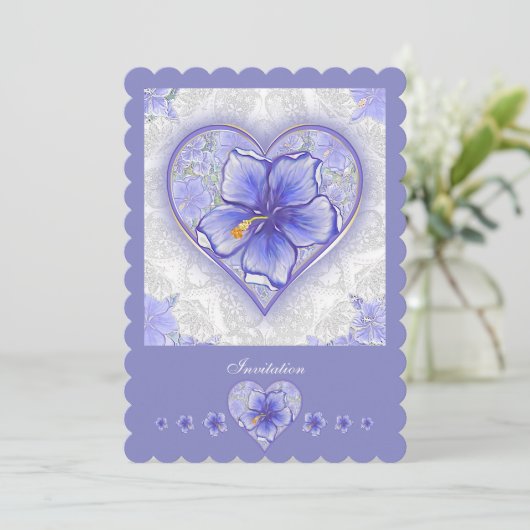 Invitation Hibiscus & dentelle BLEU (Debout devant)