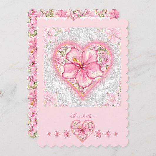 Invitation Hibiscus & dentelle PINK (Devant / Derrière)