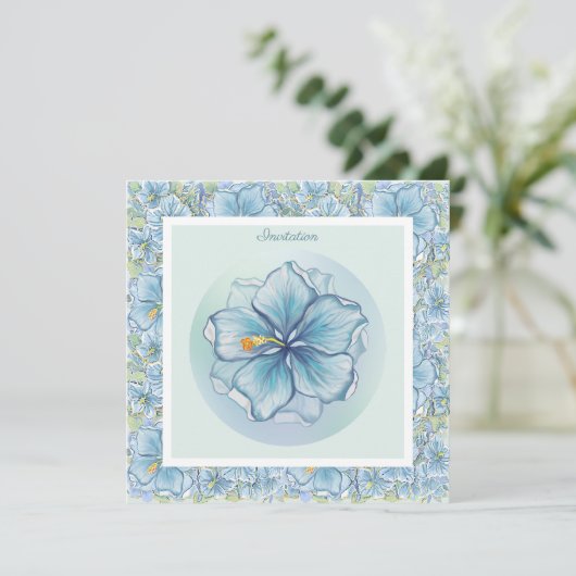 Invitation Hibiscus & dentelle TURQUOISE (Debout devant)