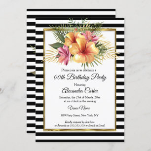 Invitation Hibiscus d'or noir blanc rayé Floral Anniversaire