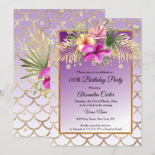 Invitation Hibiscus d'or violet fête d'anniversaire florale (Devant / Derrière)