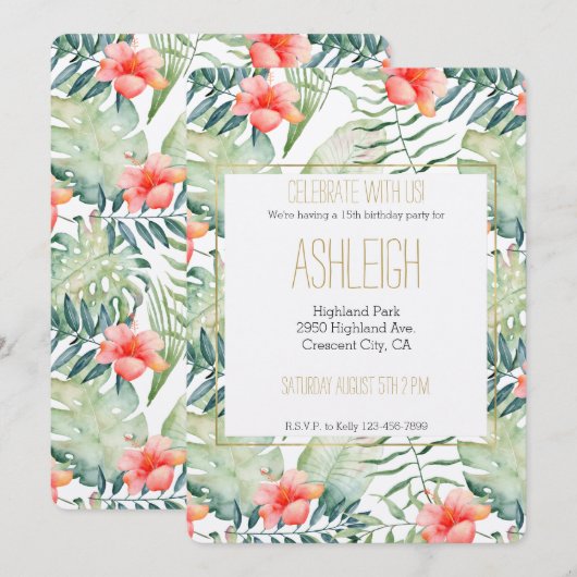 Invitation Hibiscus Feuille tropical Aquarelle florale (Devant / Derrière)