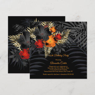 Invitation Hibiscus Floral Orange Rouge Noir Anniversaire