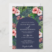 Invitation Hibiscus floral tropical Arc Mariage bleu marine (Devant)
