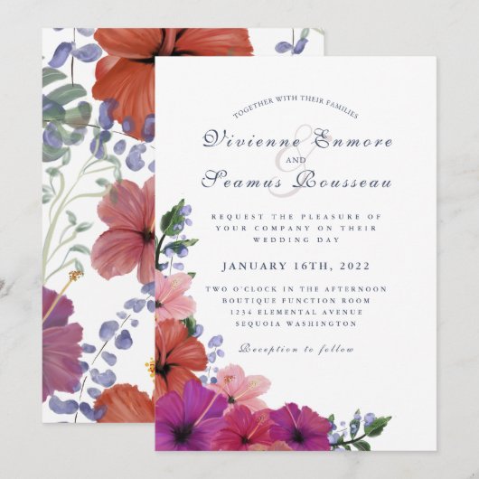 Invitation Hibiscus floral tropical coloré mariage (Devant / Derrière)