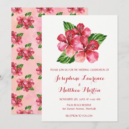 Invitation Hibiscus floral tropical Mariage d'aquarelle (Devant / Derrière)