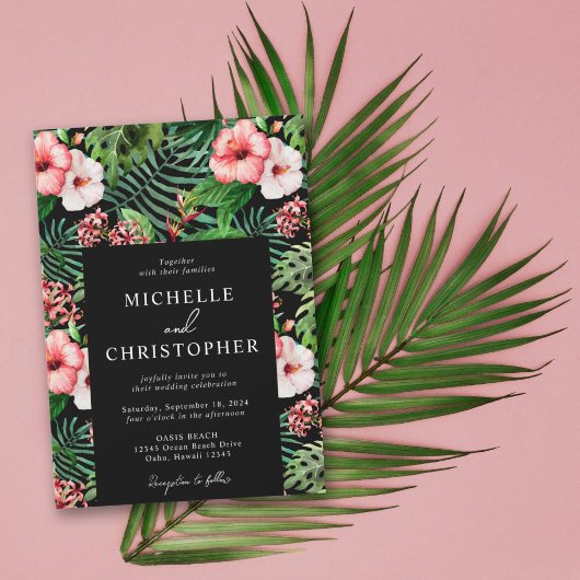 Invitation Hibiscus floral tropical Mariage moderne noir
