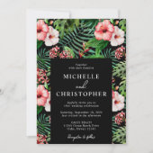 Invitation Hibiscus floral tropical Mariage moderne noir (Devant)