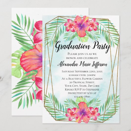 Invitation Hibiscus Flower Watercolor Beach Graduation Party (Devant / Derrière)