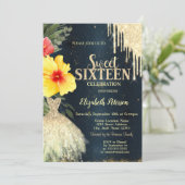 Invitation Hibiscus Gold Drips, Robe bleu foncé Sweet 16 (Debout devant)