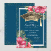 Invitation Hibiscus, Graduation Cap Blue Graduation Party (Devant / Derrière)