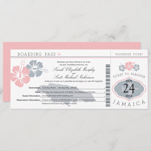 Invitation Hibiscus Jamaica Boarding Pass Mariage (Devant / Derrière)