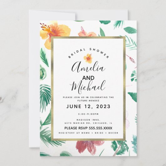 Invitation Hibiscus jaune d'aquarelle et mariage vert (Devant)
