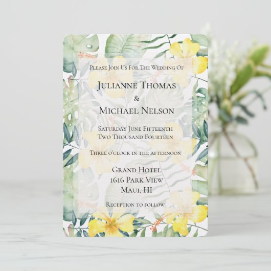 Invitation Hibiscus jaune tropical Mariage floral (Debout devant)