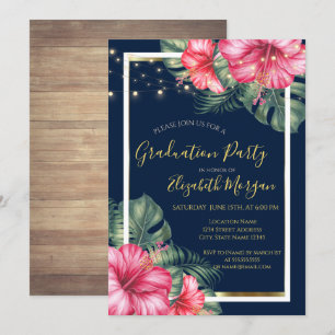 Invitation Hibiscus, Lumières, Bois, Cadre Fête de fin d'étud
