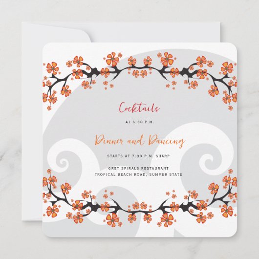 Invitation Hibiscus Orange Tropical Fusion Grey Swirl Mariage (Dos)