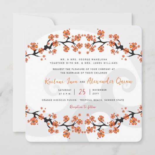 Invitation Hibiscus Orange Tropical Fusion Grey Swirl Mariage (Devant)