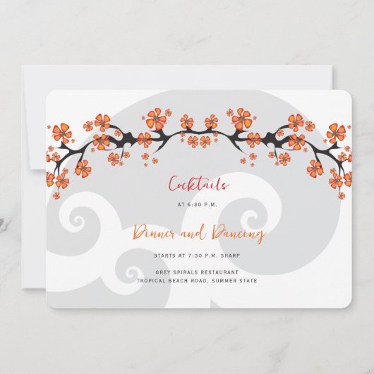 Invitation Hibiscus Orange Tropical Fusion Grey Swirl Mariage (Dos)