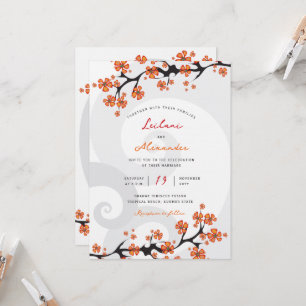 Invitation Hibiscus Orange Tropical Fusion Grey Swirl Mariage
