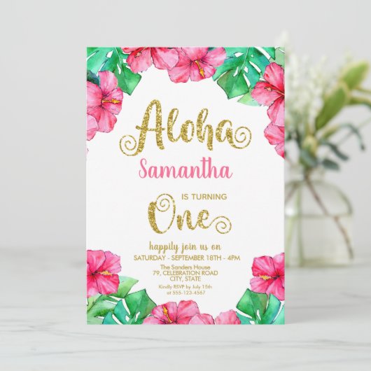 Invitation Hibiscus rose Aloha Tropical 1er anniversaire (Debout devant)