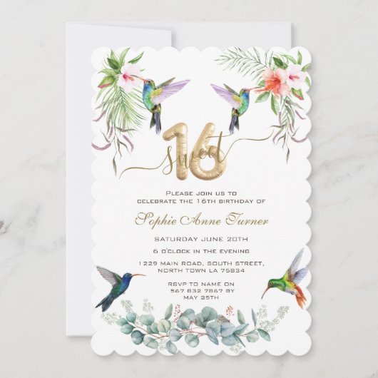 Invitation Hibiscus rose de charme Humming birds Sweet 16 (Devant)