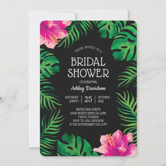 Invitation Hibiscus rose et Feuilles tropicaux 2 Fêtes des ma (Devant)