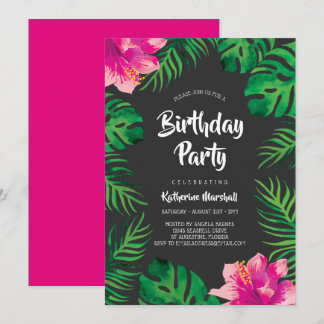 Invitation Hibiscus rose Fête d'anniversaire des Feuilles tro