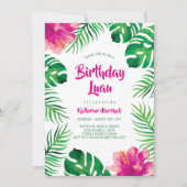 Invitation Hibiscus rose Feuilles tropicaux Anniversaire Luau (Devant)