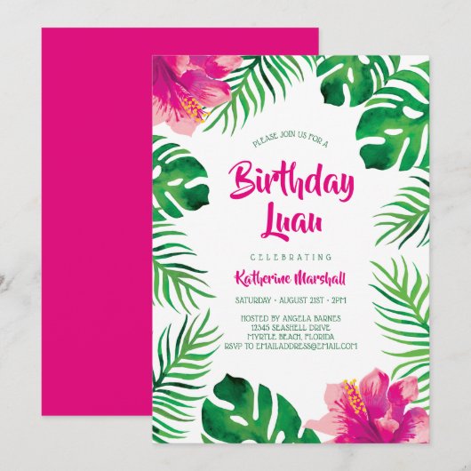 Invitation Hibiscus rose Feuilles tropicaux Anniversaire Luau (Devant / Derrière)