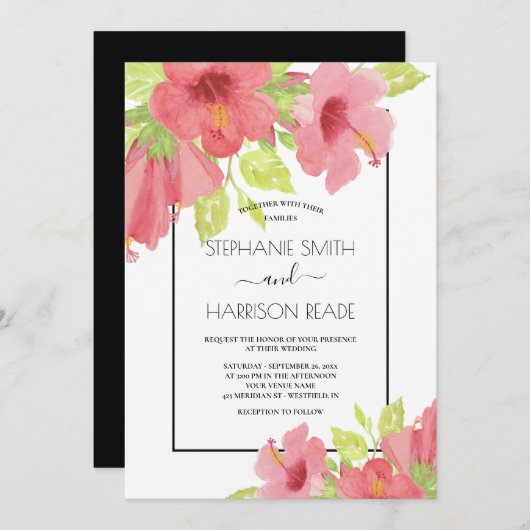 Invitation Hibiscus rose Mariage encadré (Devant / Derrière)