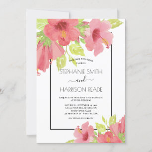 Invitation Hibiscus rose romantique Mariage encadré