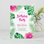 Invitation Hibiscus rose Tropical Feuille fête d'anniversaire (Debout devant)