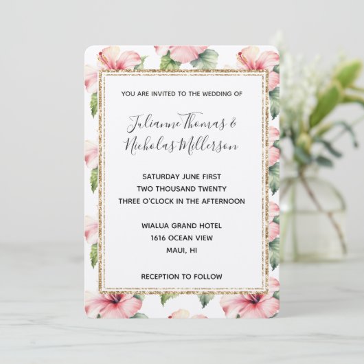 Invitation Hibiscus rose tropical Mariage floral (Debout devant)