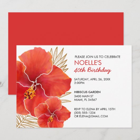 Invitation Hibiscus rouge tropical et feuille d'or 40e annive (Devant / Derrière)