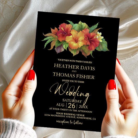 Invitation Hibiscus tropical Mariage noir floral