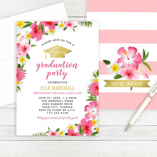 Invitation Hibiscus Tropical Rose Or Fleurs Graduation