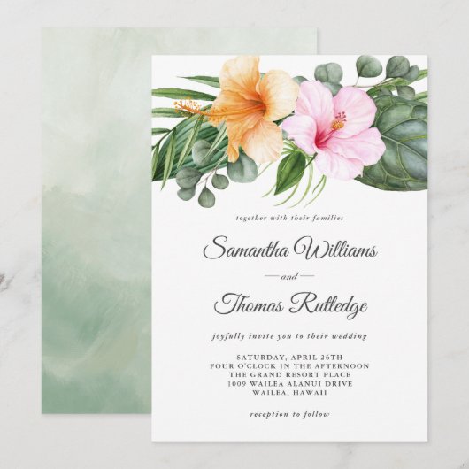 Invitation Hibiscus tropicaux et aquarelle de feuillage Flora (Devant / Derrière)