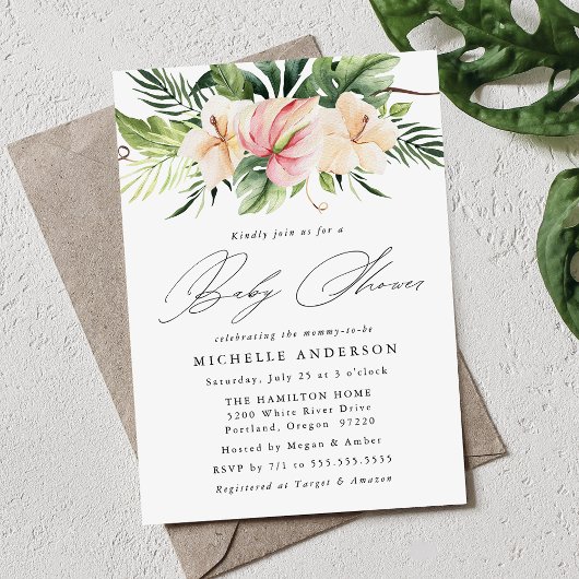 Invitation Hibiscus tropicaux Fleurs et Baby shower Feuille
