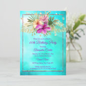 Invitation Hibiscus Turquoise bleu violet rose fête d'anniver (Debout devant)