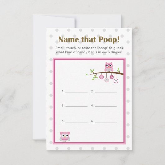 Invitation Hibou Baby shower à thème "Nommez ce caca !" Jeu (Devant)