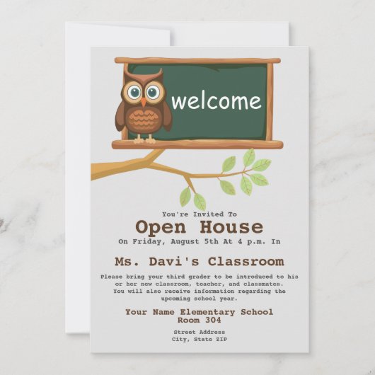 Invitation Hibou Retour À L'École Classe Open House Invitatio (Devant)