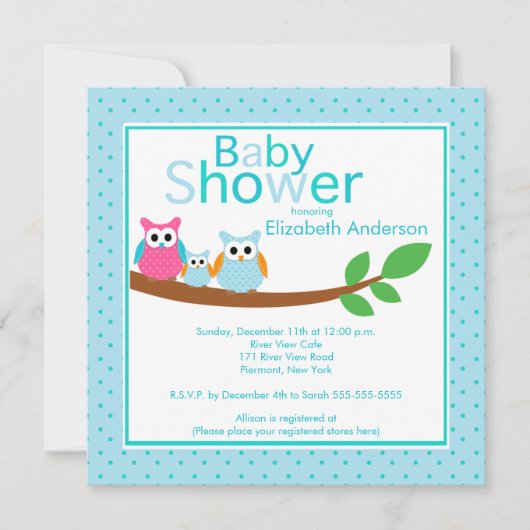 Invitation Hiboux de maman et de papa avec le baby shower de (Devant)