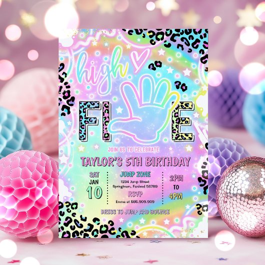 Invitation High Five Rainbow Leopard Print 5th Birthday Party
