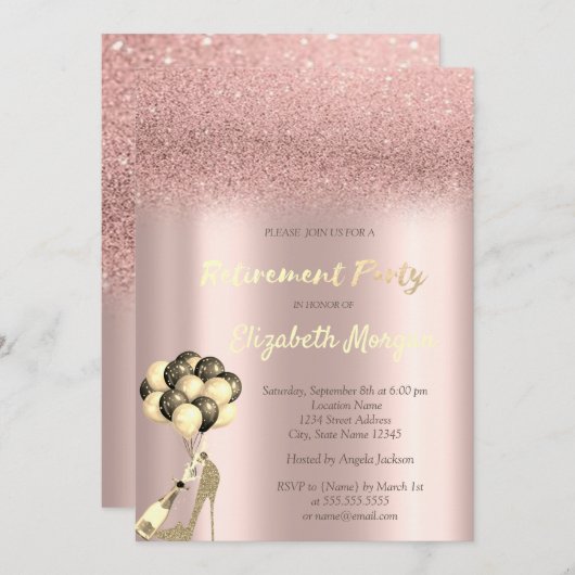 Invitation High Heel Rose Gold Parties scintillant Bokeh Retr (Devant / Derrière)